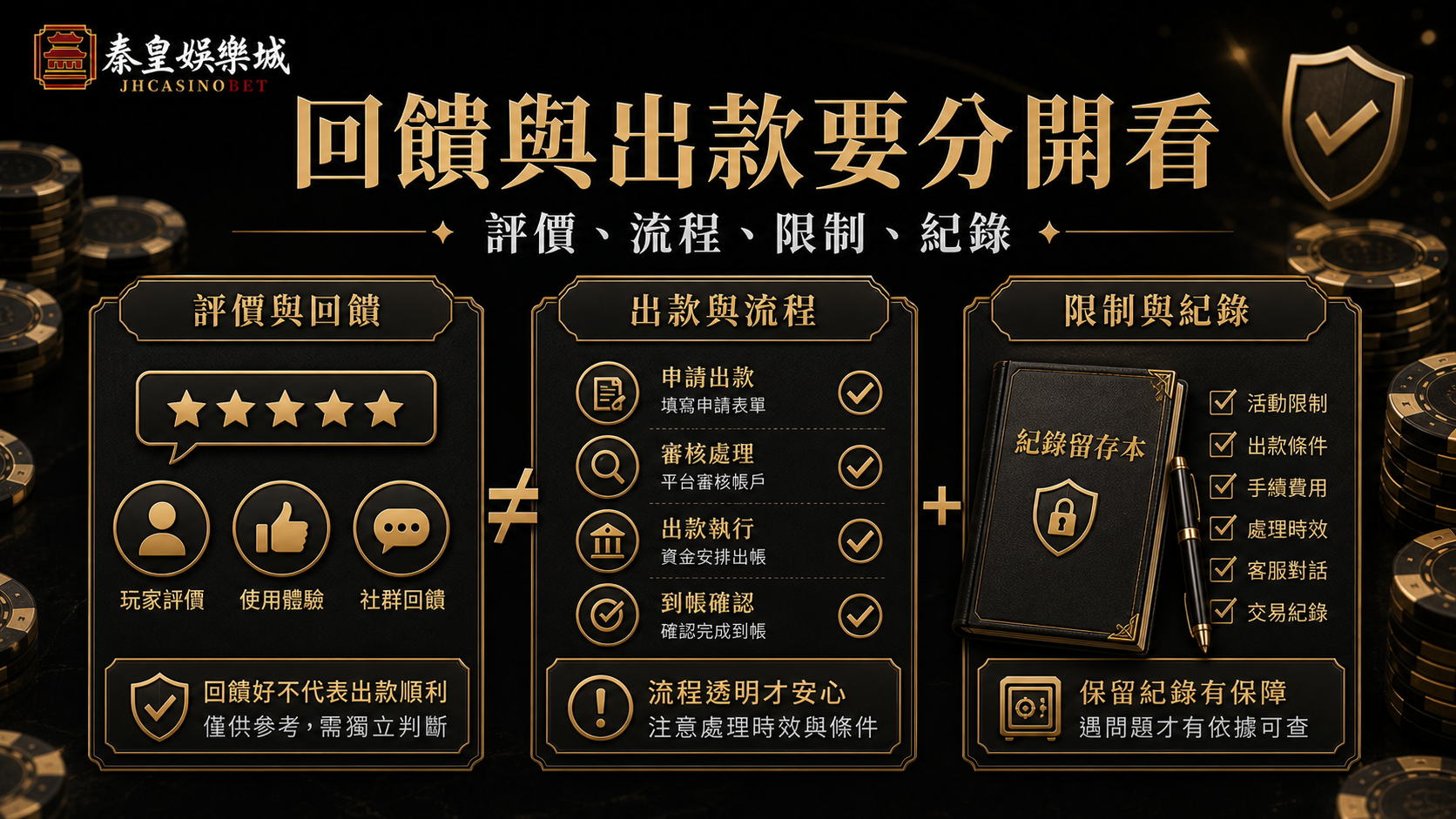 回饋與出款要分開看，評價、流程、限制與紀錄黑金內文圖