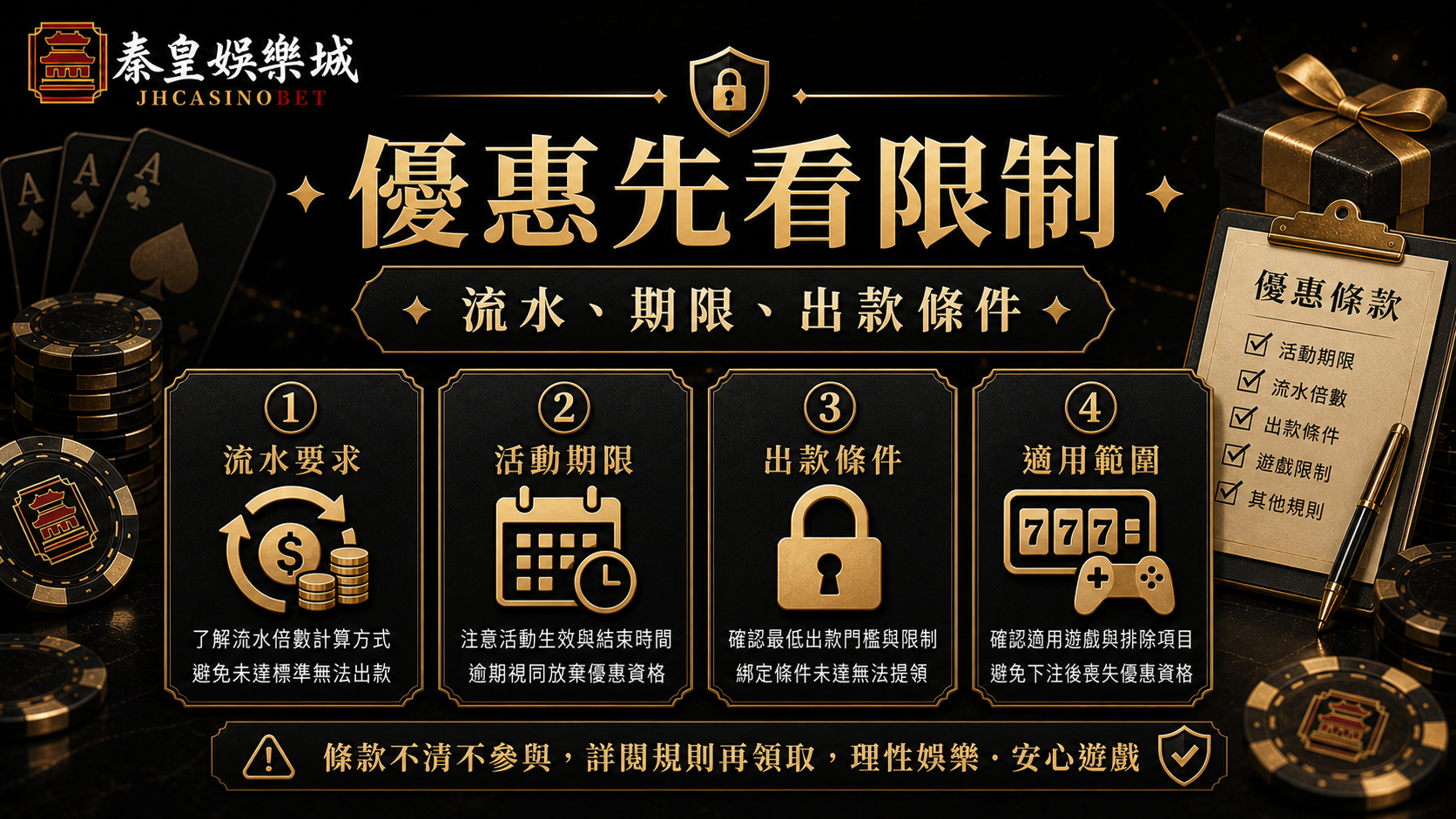 優惠先看限制,流水、期限與出款條件黑金內文圖