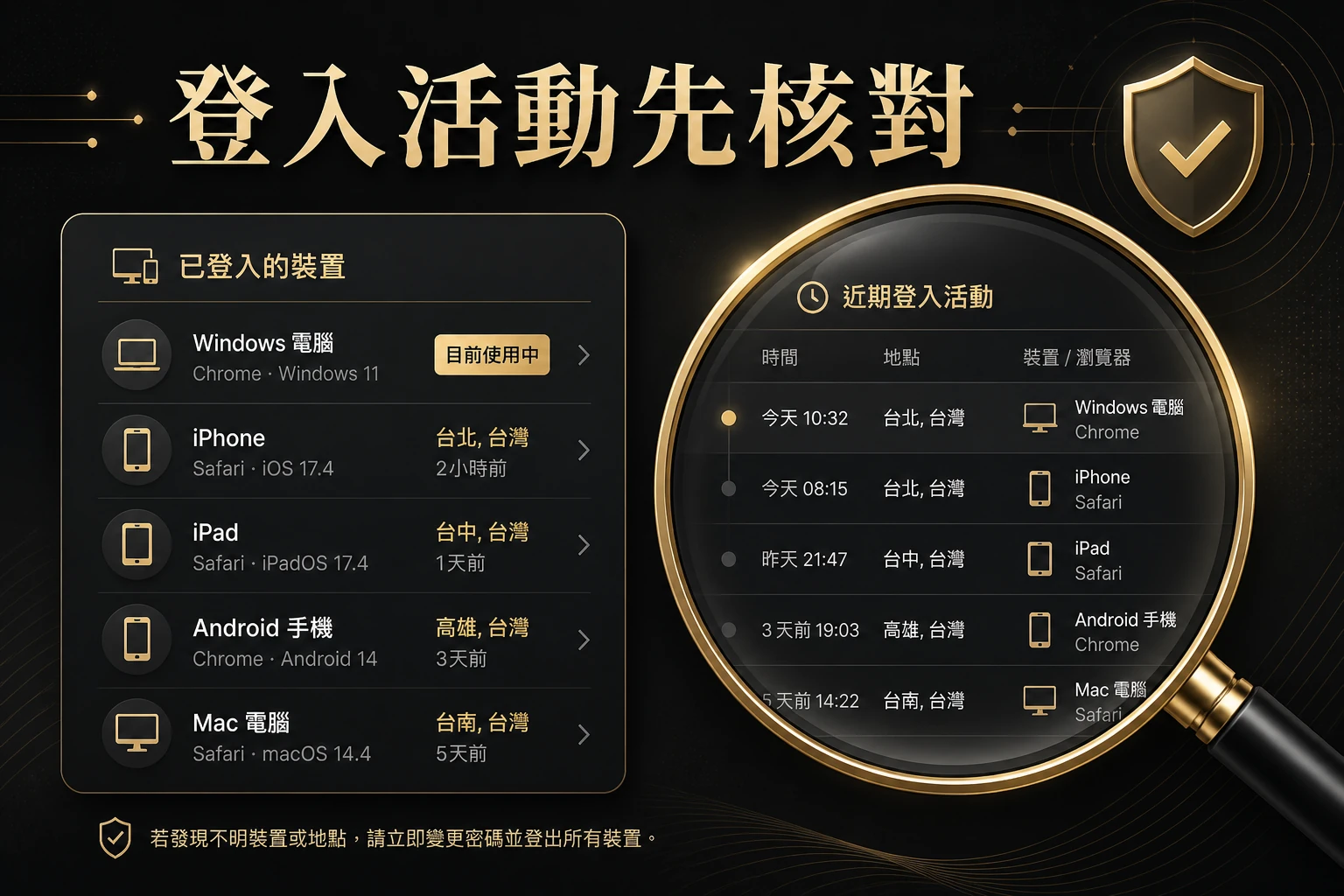 登入活動先核對示意圖，呈現裝置與近期登入紀錄檢查