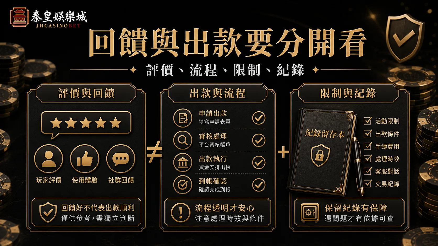 回饋與出款要分開看，評價、流程、限制與紀錄黑金內文圖