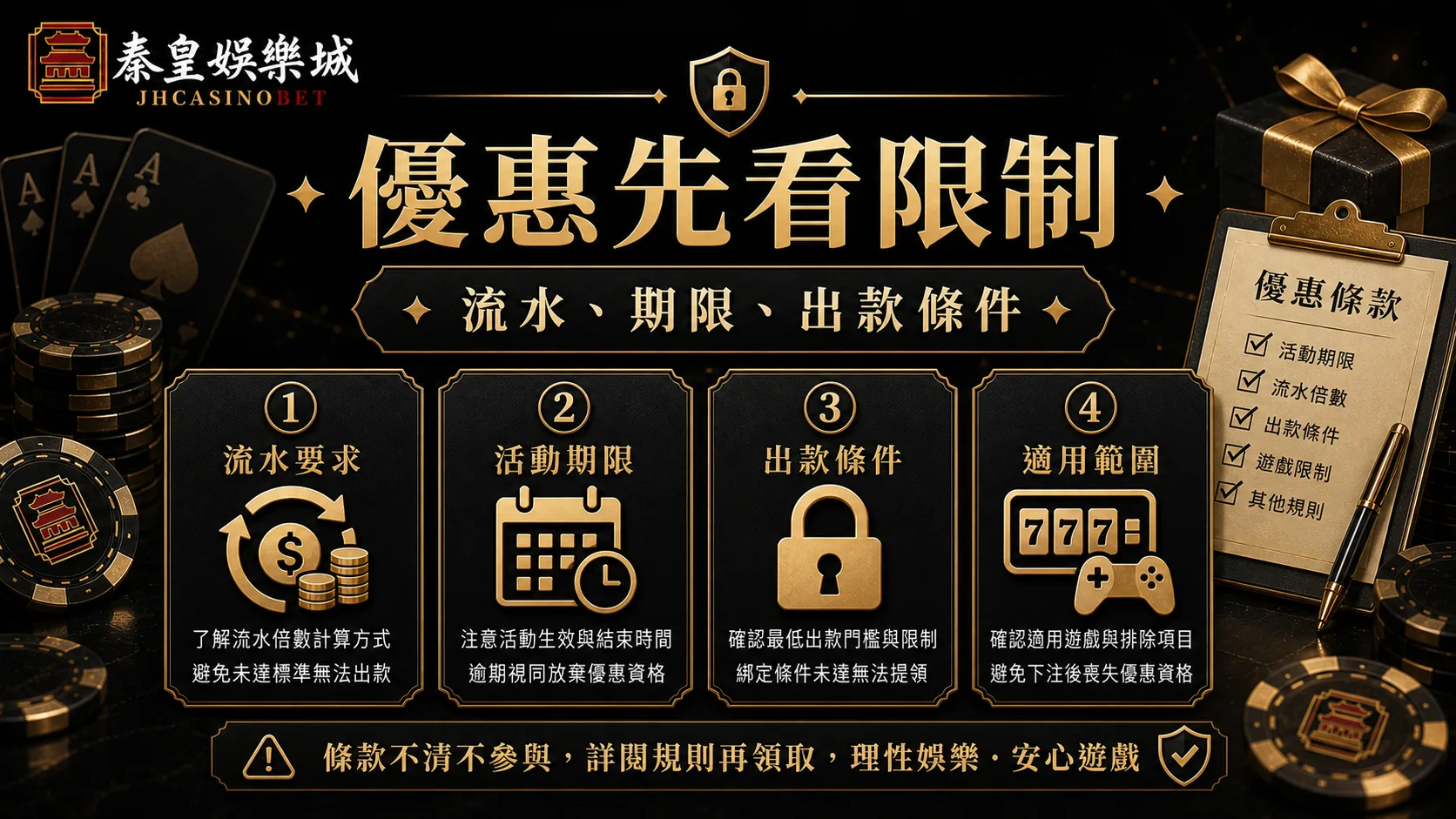 優惠先看限制，流水、期限與出款條件黑金內文圖