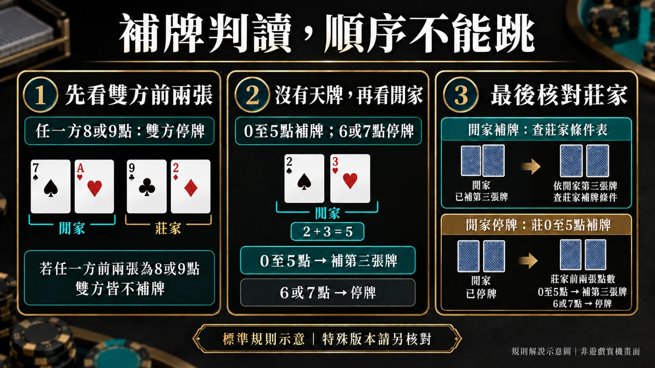 莊3遇閒第三張8停牌;莊6遇閒第三張6補牌